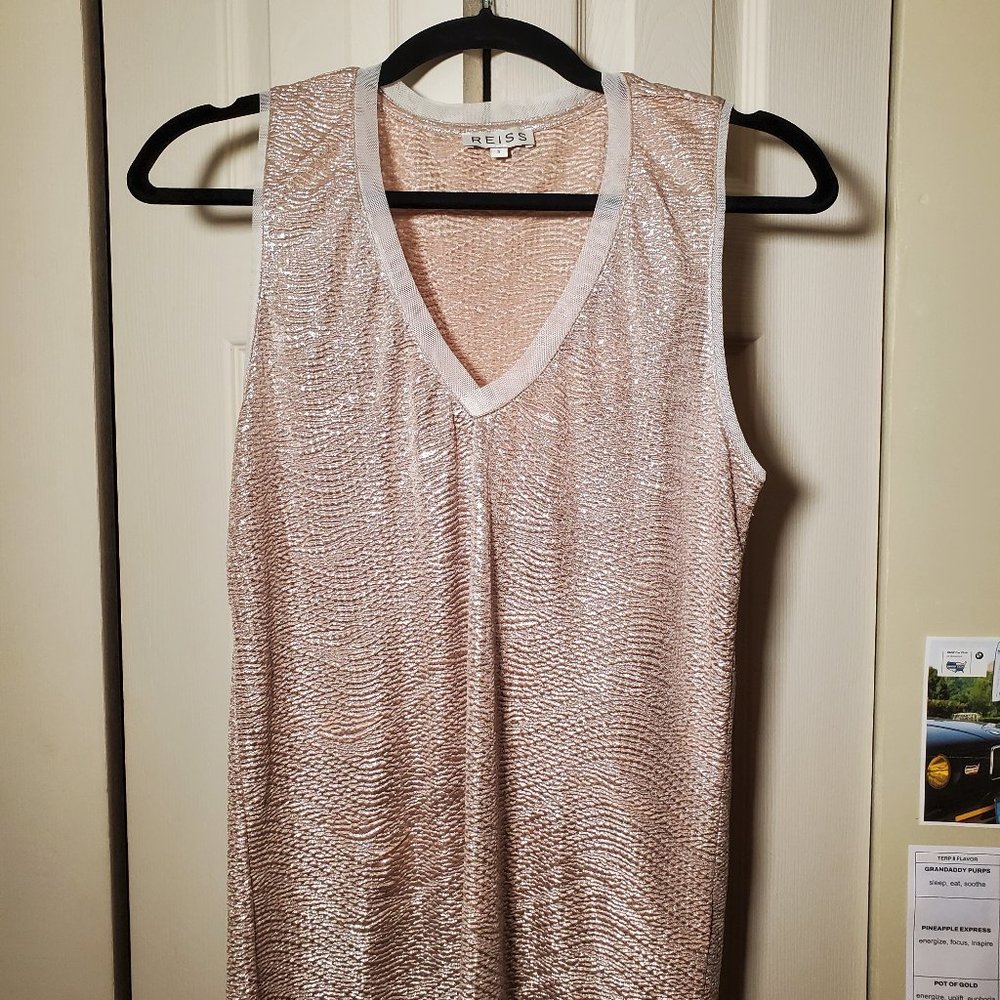 Reiss Women's Vest Ona Metallic Knit  V-Neck Tank Top in Rose Gold  | Size S